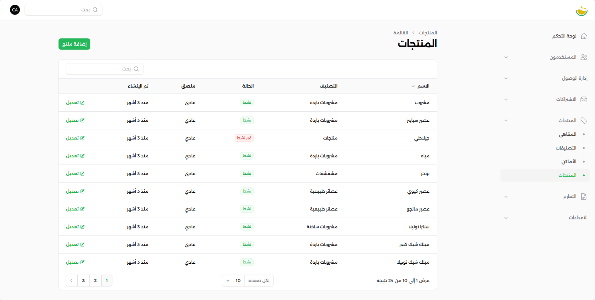 شاشة المنتجات